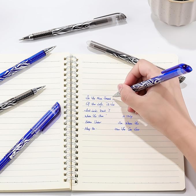 RIANCY 8 Pack Blue Ink Erasable Gel Pens, 0.5mm Fine Point, Flame Patterned Barrel, Comfortable Grip, with Eraser, Ideal for Journaling, School Work, Office Tasks, Note Taking, DIY Projects