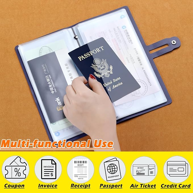 Leather Receipt Organizer, Portable Receipt Holder for Travel, Daily Coupon Organizer with 20 Pockets and 12 Card Slots to Keep Receipts and Coupons Organized, Prevent Loss and Damage (Blue)