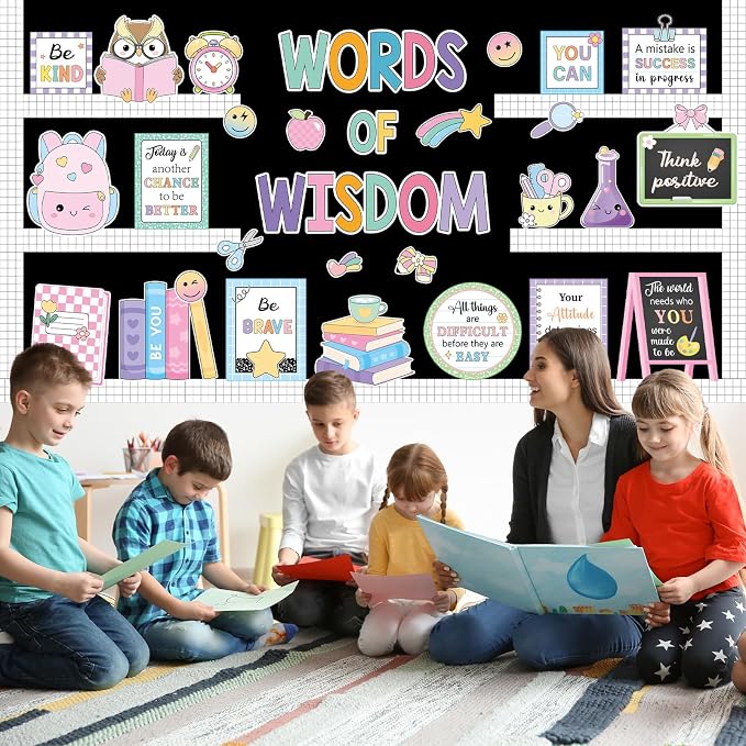 Mooliwe 57 Pcs Composition Bulletin Board Set Notebook Inspirational Classroom Decoration Clock Pencil Cutout for School Office Chalkboard Door Wall Decor