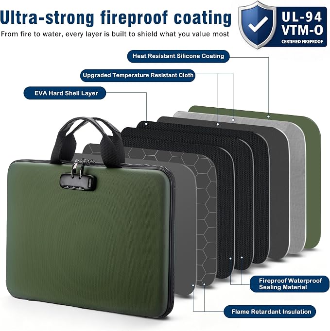 Fireproof Document Box with Lock, Hard-Shell Case Fireproof File Organizer with 13 Pocket Accordion File Folder, Portable Home Office Travel Safe Storage for Important Documents Laptop