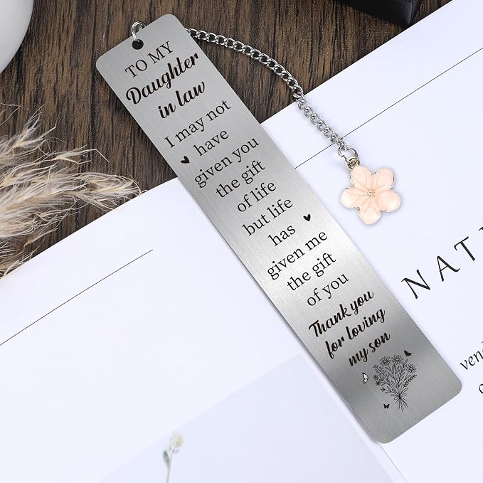 Daughter in Law Gifts - Future Daughter-in-Law Gift from Mother Metal Bookmarks for Birthday Wedding Anniversary Bridal Shower Book Marks with Flower Pendant for Women Book Lover Christmas