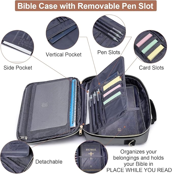 Bible Cover Case for Women, Large Bible Bag with Shoulder Strap, Quilted Book Carrying Case with Handle, Bible Study Supplies & Christian Gift for Women, Grey