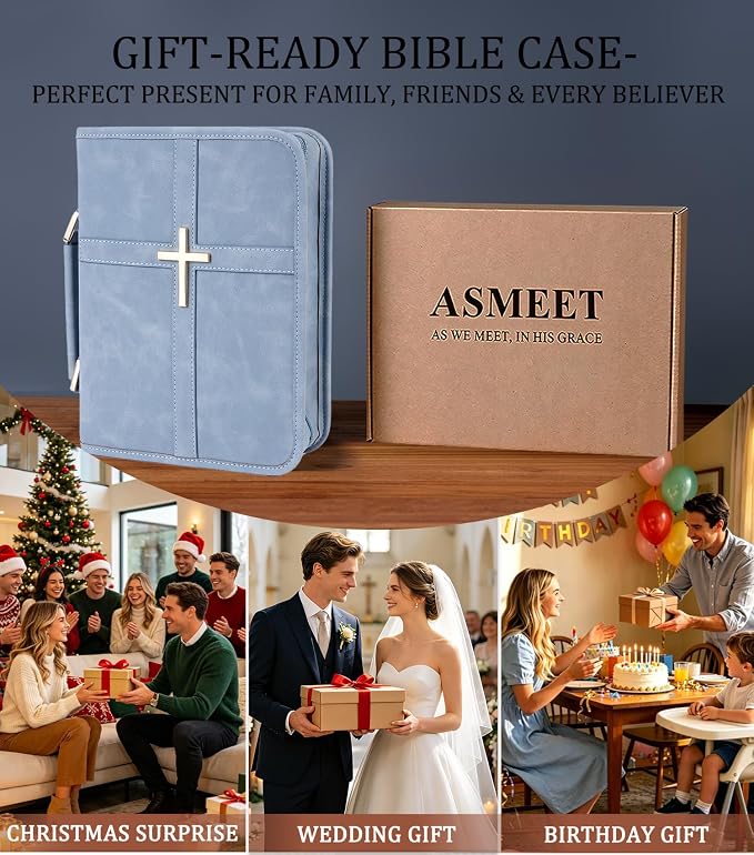Vegan Leather Bible Cover for Men & Women, Bible Case with Gift Box, Christian Catholic Religious Bible Gifts (Light Blue)