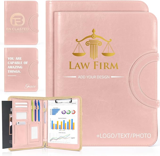 ENOMY Personalized Padfolio with Handle & Zipper Custom Portfolio with Logo/Text/Photo Durable Leather Portfolio for Men & Women Work Interviews Office Gifts (Pink)
