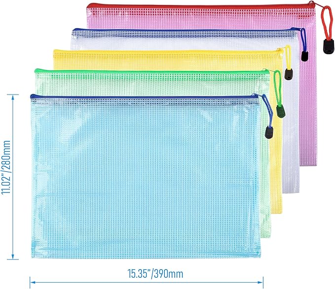 6 Pcs 15.35" x 11.02" B4 Sizes Mesh Zipper Pouch Bags, Mesh Bags with Zipper，Waterproof Clear Document Pouch for Organization Puzzles Travel, Office, Classroom Organization, B4 Multicolored