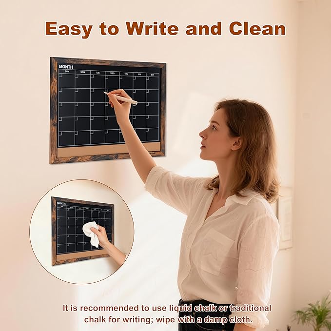 Chalkboard Calendar for Wall,13" x 17",Small Rustic Framed Magnetic Chalkboard & Cork Bulletin Board for Office Home School