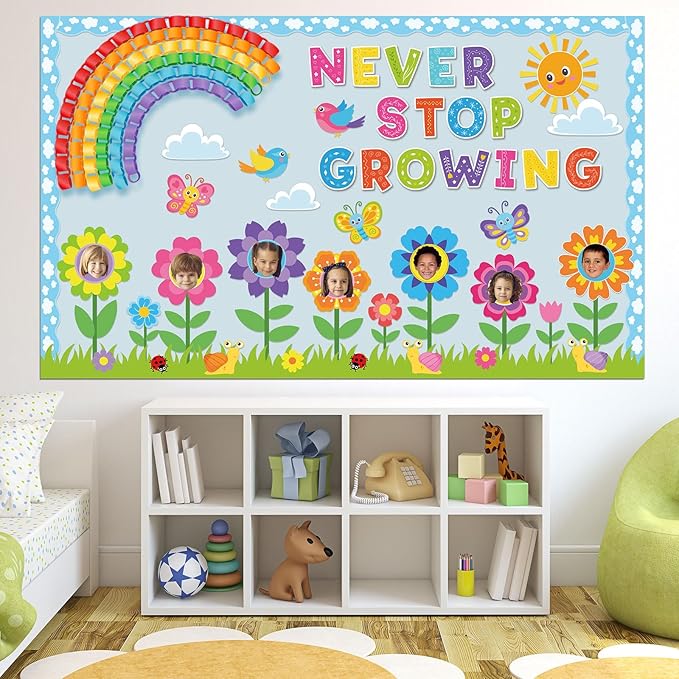 Pasimy Spring Bulletin Board Decorations Set 3D Sunflower Bulletin Board Bee Classroom Decor Honeycomb Butterfly Flower Kindness Cutouts Borders for Home Office Wall Door Window Supplies(Rainbow)