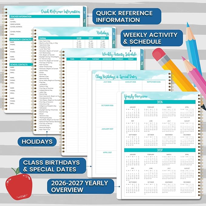 2026-2027 Teacher Planner, Lesson Planner 2026-2027, July 2026 - June 2027, 8.5" x 11", Spiral Bound, Colorful Monthly Tabs