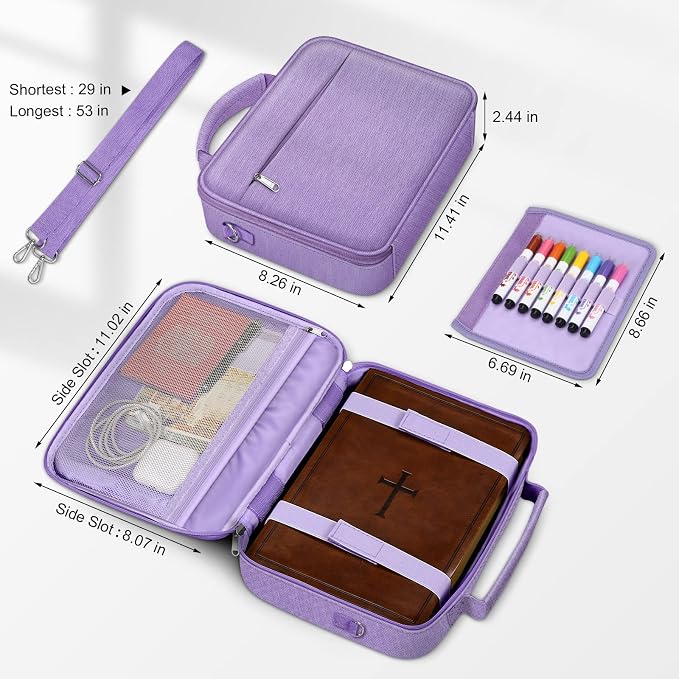 FINPAC Large Bible Cover w/Shoulder Strap, Carrying Book Case Church Bag Bible Protective w/Pen Slots and Zippered Pocket, Gift for Women Lady, Lilac