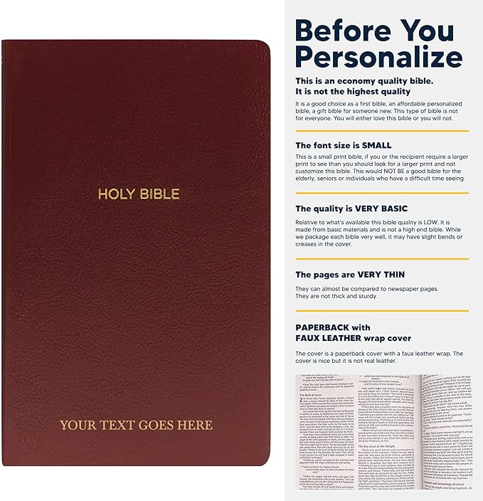 Personalized NKJV Bible Faux Leather Small Print Economy Bible with Custom Name at The Lower Right Side & Red-Highlighted Verses, Custom Gift for Christian & Religious Events | Burgundy