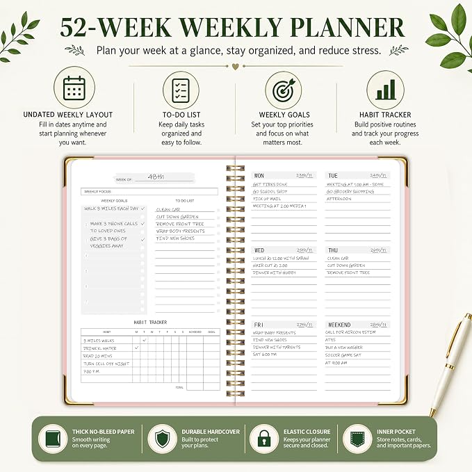 Undated Weekly Planner, Weekly To Do List Notebook with Goal & Habit Tracker Organizer, A5 Hardcover Weekly Planner for ADHD, Office School Home Supplies, Reduces Stress and Boosts Productivity - Pink