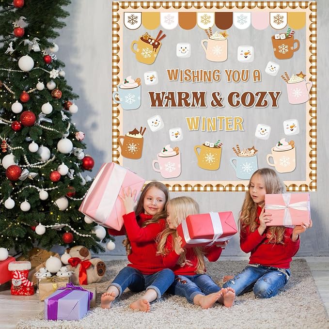 Winter Bulletin Board Set Cocoa Mug Classroom Decorations Hot Cocoa Marshmallow Paper Cutouts for Door Wall Winter Holiday Party Supplies