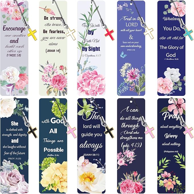 Tenare 20 Pcs Christian Bible Bookmarks for Women, Inspirational Verses Bookmarks with Cross Pendants, Religious Gifts for Women Men Reading Lovers(Floral Style)