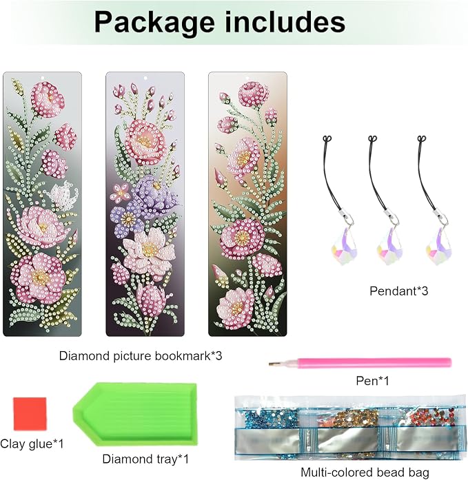 Tontut 3pcs Diamond Art Painting Kit Bookmarks, Pink Flower Exquisite Universal DIY Bookmarks, Lightweight and Durable, Suitable for Reading Lovers