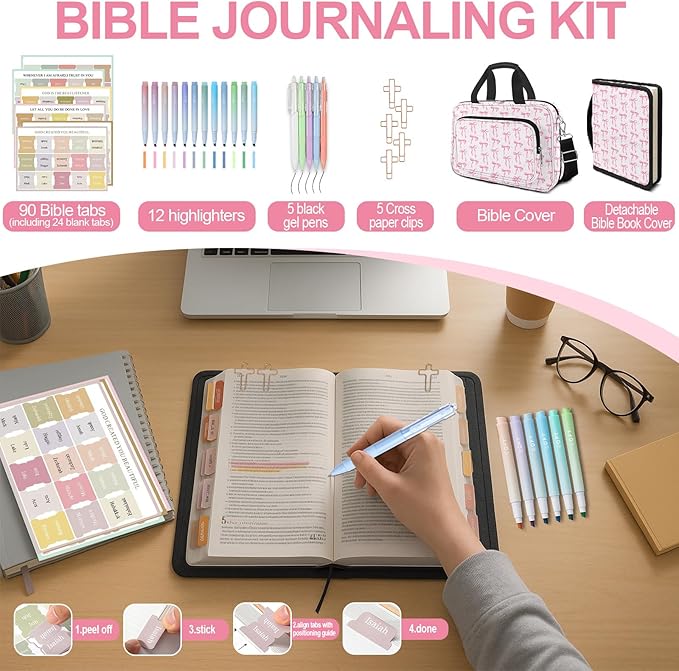 Pink Bow Bible Cover Case for Women Girls Cute Large Bible Bag with Handle Shoulder Strap Book Carrying Bags with Tabs 5 Pens 12 Highlighters Christian Church Study Supplies Accessories Gifts