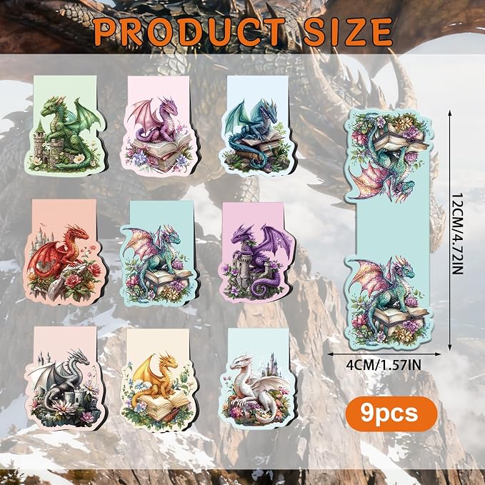 Fantasy Dragon Magnetic Bookmarks Gifts - Cosmisun 9 Pcs Dragon Flower Bookmark for Reader Cool Animal Book Marks Magnets Page Markers Clip Gifts for Women Men Student Teacher Book Lovers