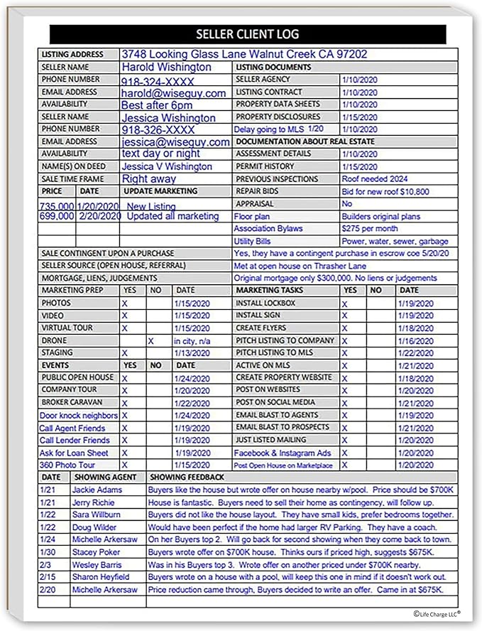 Real Estate Agent Supplies - Home Seller Client Log to include in Listing File Folders. Realtor Log to Track Seller Needs, Home Showings & Agent Activity. 50 Page Notepad. 8.5 X 11. Made in the USA