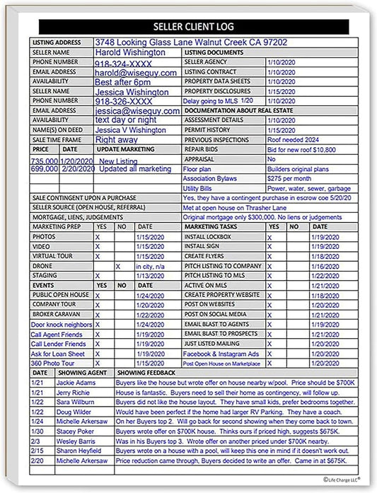 Real Estate Seller Representation Log for Realtors, Listing Consultation Worksheet with Pricing Strategy & Marketing Planning – Life Charge