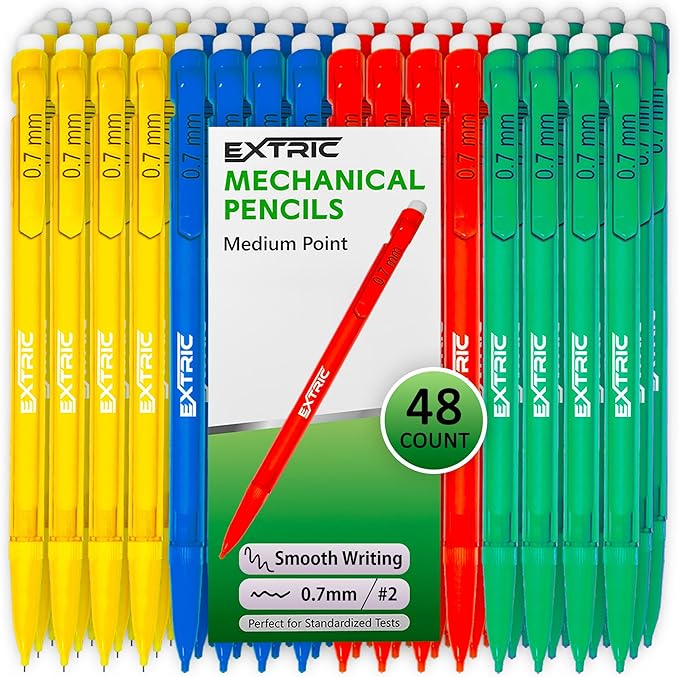 EXTRIC Mechanical Pencils 0.7mm with Erasers, Medium Point Lead, HB #2, Assorted Barrels, 48 Count Bulk Pack for Office and School Supplies