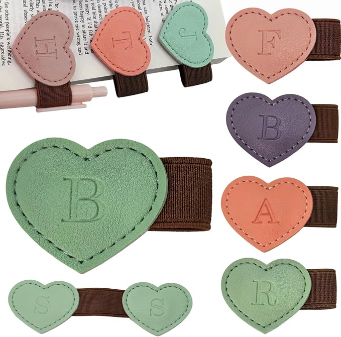 Personalized Magnetic Leather Heart Bookmark with Pen Holder - 26 Letters Custom Book Mark Notebook Pencil Loop with Initial Book Marker for Readers, Book Lovers- Gifts for Women Men(Green,B)