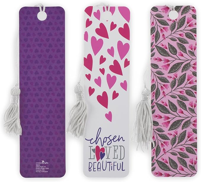 Christian Art Gifts Inspirational 3 Pieces Paper Cardstock Bookmark Set for Girls: God's Princess - 1 Peter 2:9 Encouraging Bible Verse for Reading, Matted Glittered, White, Pink, Purple Floral Hearts
