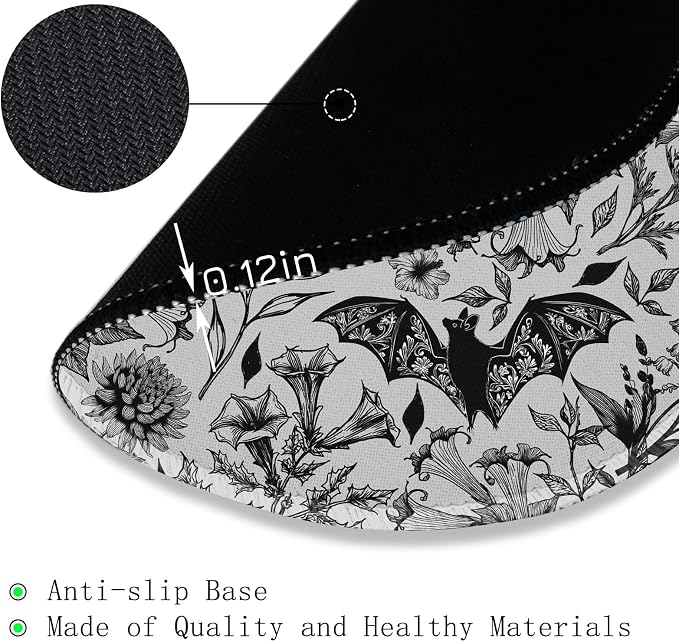 Gctriki Goth Floral Bat Mouse Pad for Desk, Funny Round Mousepad for Computer Laptop Gaming Stitched Edge Non-Slip Rubber Base, Gothic Gifts Home Office Desk Accessories Decor Supplies for Women