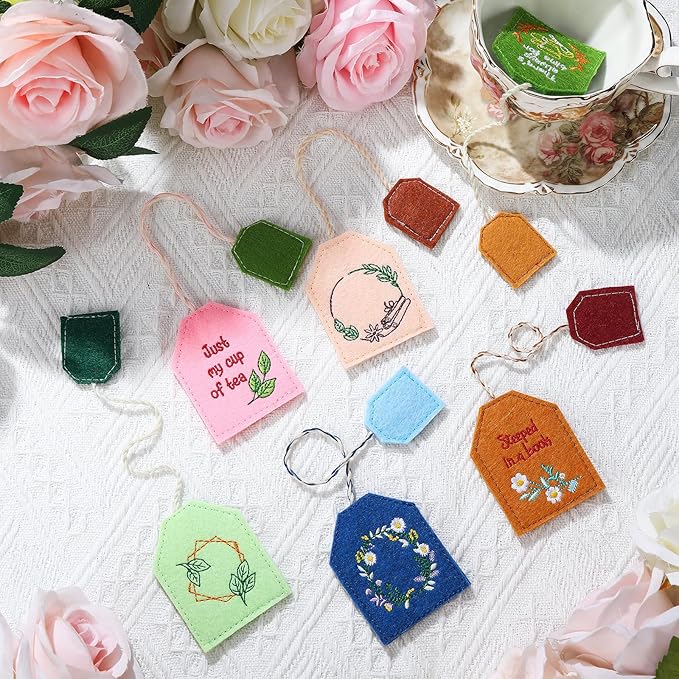 Honoson 6 Pcs Simple Tea Bag Bookmarks Tea Party Favors Garden Design Christmas Gift Bookmarks Cute Hand Embroidered for Women Mom Mother's Day Book Reading Lovers Gift