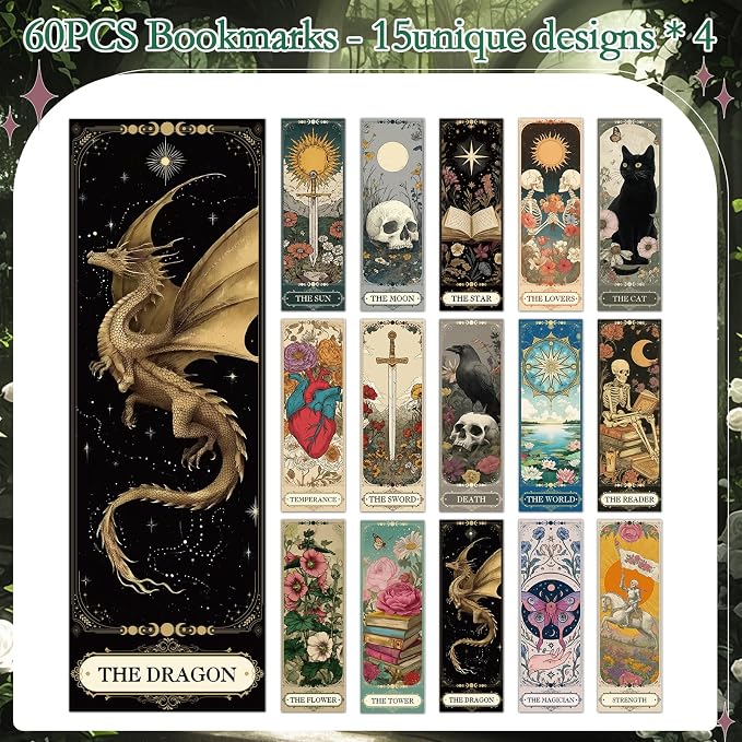 Wxiben Tarot Cards Bookmarks Gifts - 60 Pcs Dark Romance Bookmarks for Women Men Moon Owl Butterfly Book Marks Book Markers Page Marker Clip Gift for Students Teachers Bookish Book Lovers Reading