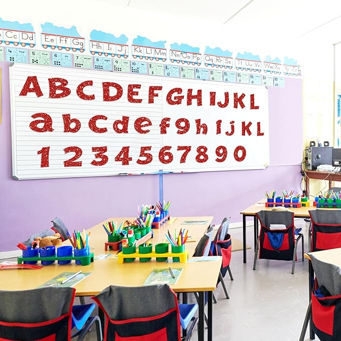 Colarr 216 Pcs Red Glitter Bulletin Board Letters for Classroom Number Alphabet Punctuation Symbol Cutout 4'' Die-Cut Poster Letter with Adhesive Dot School Graduation Party Wedding Patriotic Decor