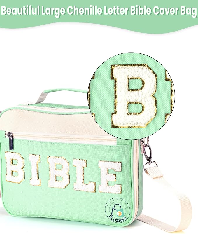 PLOZANO Bible Cover Case for Women, Large Chenille Letter Bible Bag with Shoulder Strap,Green Bible Carrying Tote Bags for Bible Study Accessories, Gift for Women Lady Teen Grils (Green)