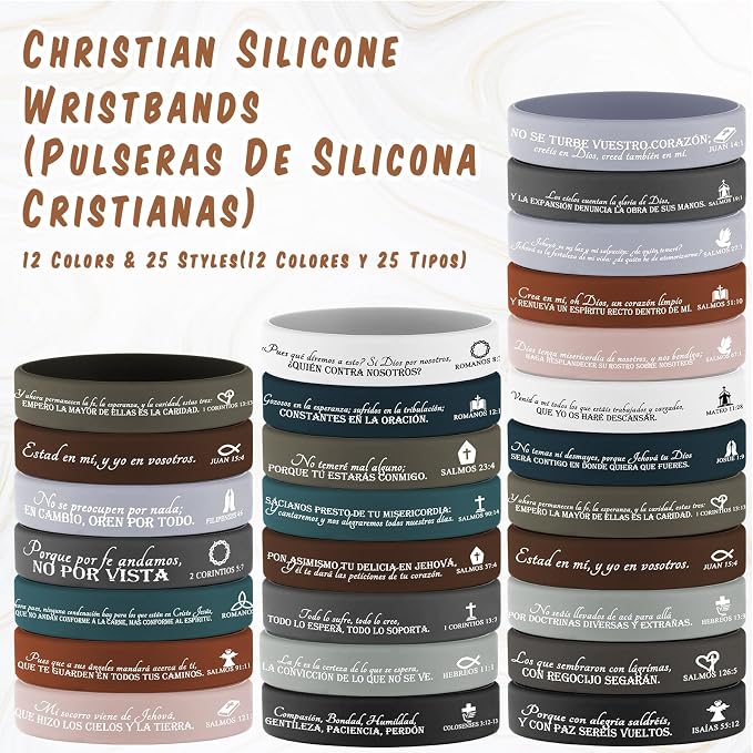 Feifeiya 75 Pcs Fathers Day Christian Gifts Bulk Christian Church Gifts with Bible Verse Pen Religious Silicone Wristband Bookmark for Mom Pastor Teacher Coworker Nurse(Mix Color,Spanish Style)