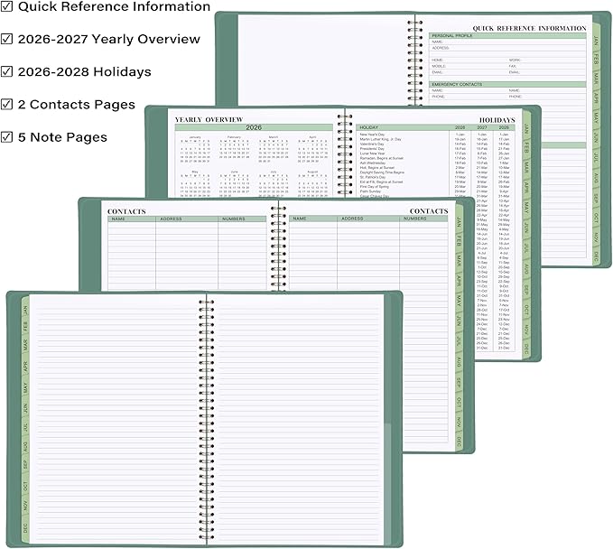 2026 Planner - 11.38'' x 8.74'', Weekly & Monthly Planner Notepad, Jan. 2026 - Dec. 2026, Appointment Book, 60 Minutes Interval, Monthly Tabs, Faux Soft Leather, Spiral Bound - Green