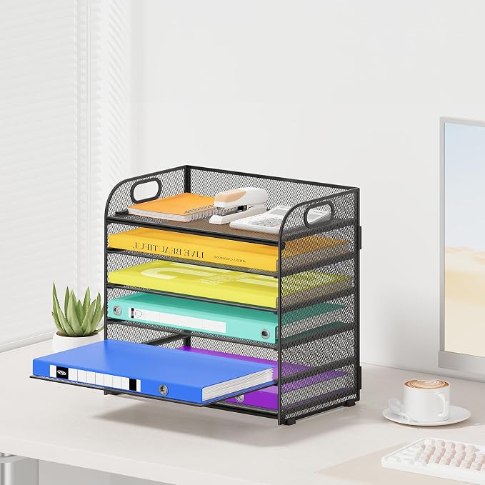 Cawukege 6 Tier Paper Organizer, Black Letter Tray with Handle, Mesh Desk Organizer, Metal File Organizer, Office Desk Accessories for Home, Office, Classroom, School