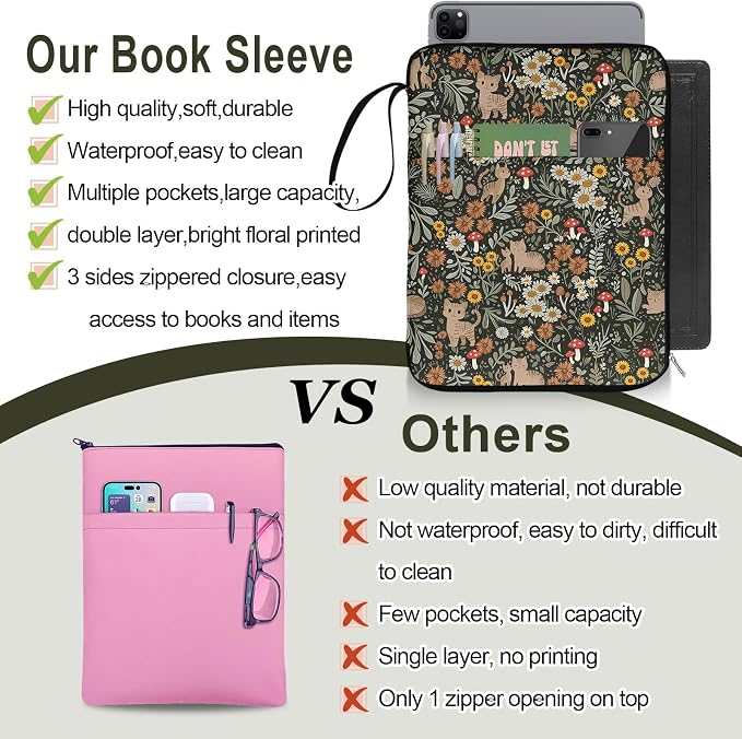Cat Floral Book Sleeve Book Pouch, Cute Cat Floral Print Book Protector Case with Zipper, PU Leather Waterproof Book Cover Bag, Portable Book Pouch for Book Lovers Gifts Paperbacks Hardcover