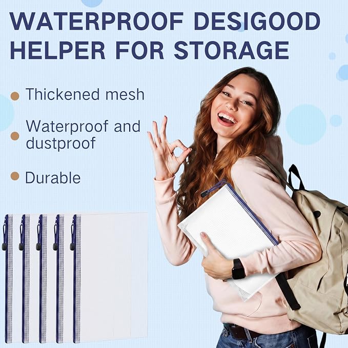 Zhehao 250 Pcs Mesh Zipper Pouch Bags Bulk A4 13.19 x 9.45 Inch Zipper Pouch Waterproof Clear Pencil File Storage Bags Organizer for Teacher School Organization Supplies (Blue)
