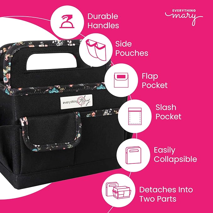 Everything Mary Craft Caddy, Black & Floral - Art Storage for Supplies & Crafts - Supply Organizers Tote for School Classroom, Office, and Home - Organization for Makeup & Nurses