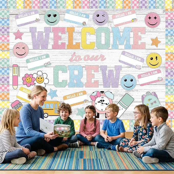 Mooliwe 94 Pcs Composition Notebook Classroom Decor Welcome Back to School Bulletin Board Set Checkered Classroom Decor Smile Face Stationery Paper Cutouts for First Day of School Wall(Boho Pastel)