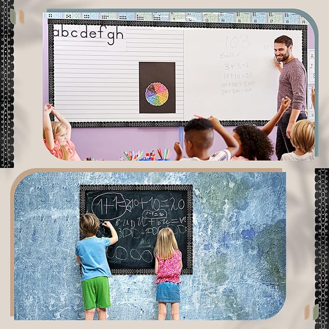 Leinuosen 50.5 ft Bulletin Board Border 44 Pcs Squiggles and Dots Die Cut Border Trims with 20 Sheet Glue Point Dots Bulletin Back to School Decoration for Classroom School Office(Black with White)