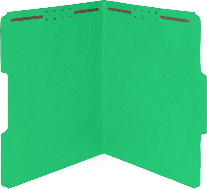 Blue Summit 50 Green Fastener File Folders - 1/3 Cut Reinforced Assorted Tab - Durable 2 Prongs Designed to Organize Standard Medical Files, Law Client Files, Office Reports - Letter Size