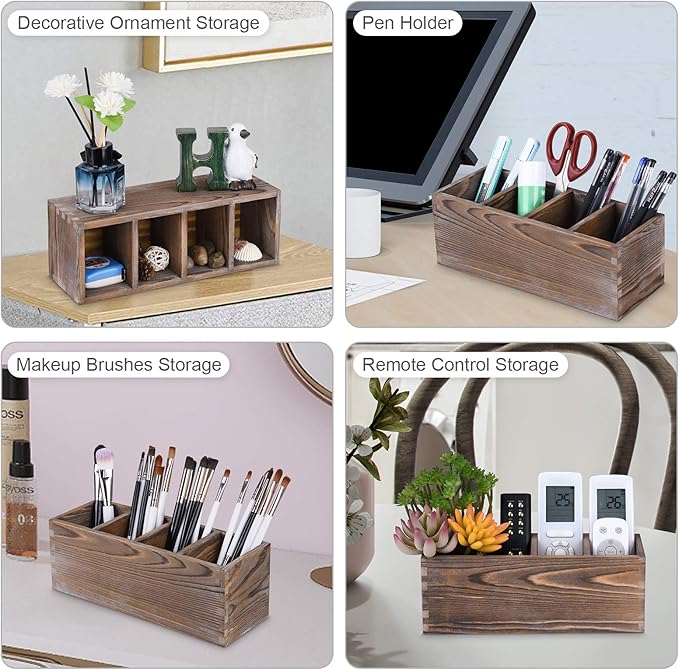 WuGeShop Wood Remote Control Holder 4 Compartments, Rustic Wooden Table Remote Caddy, Multi-use Desktop TV Remote Storage Organizers for Controller, Phones, Stationery, Office Supplies