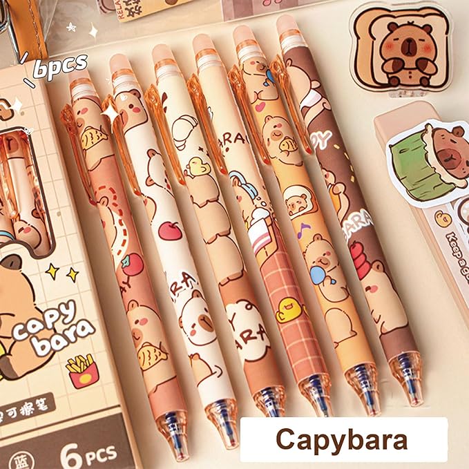 MOZXIRZ 6 Pcs Cute Erasable Retractable Pens Erasable Gel Ink Pens Cartoon Capybara Pen 0.5mm Fine Point Blue Ink Pen Cartoon Writing Pen Office School Pens Women Girls Boys (Blue Ink-Capybara)