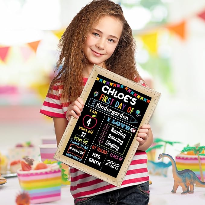 Pajean First and Last Day of School Board Sign Chalkboard with Ruler Frame Printing, Reusable Back to School Board Wooden Double Sided Photo Prop, 14 x 10 Inch