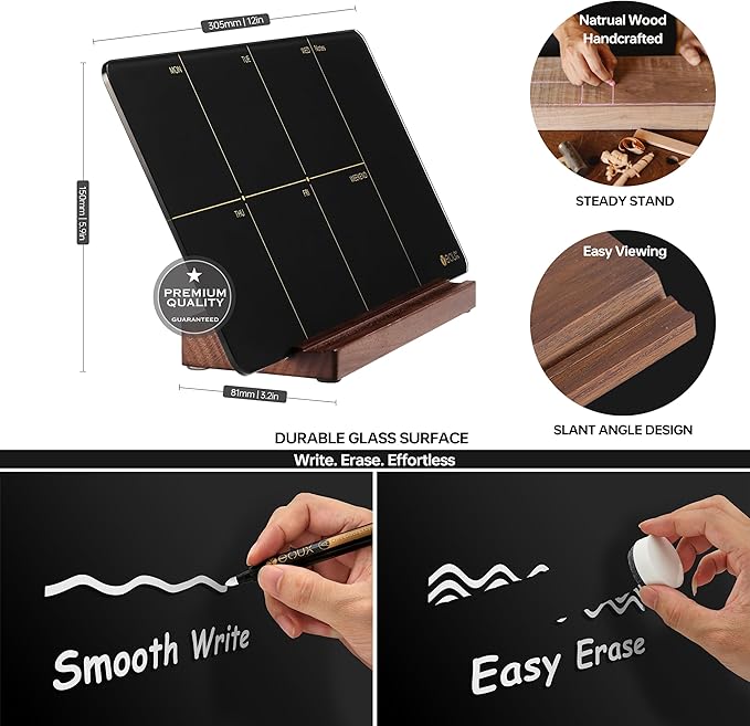 Desktop Black Glass Weekly Planner Dry Erase Whiteboard with Detachable Wood Stand,Small Portable Week Calendar to Do List White Board 12x6 for Office, Home, Schools, Marker&Eraser Included, Yeoux