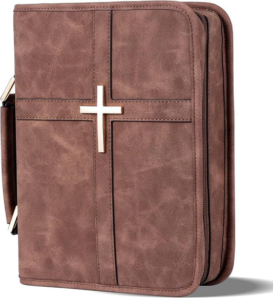 Vegan Leather Bible Cover Case, Bible Bag with Phone Pocket, Bible Case for Men Women, Christian Gift Box Packaging (Brown)