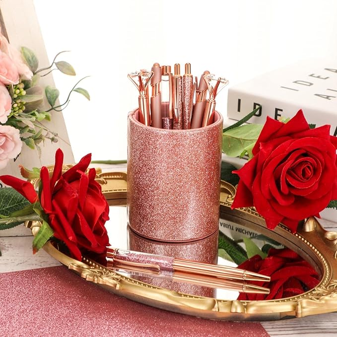 Sabary 8 Pcs Rose Gold Pens with Pen Holder for Desk Glitter Crystal Diamond Cute Ballpoint Fancy Pencil Holder Bling Desk Organizer for Women Girls School Office Supplies Wedding Graduation Gifts