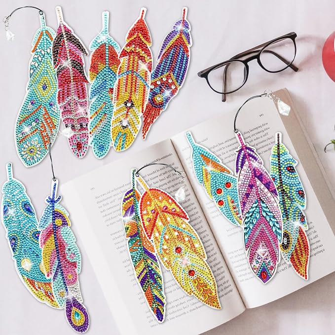 12 Pcs Diamond Painting Bookmark, Crystal DIY Book Makers for Book Lovers, Diamond Art Beginners, Small Diamond Art Kits with Pendant, Paint by Art Crafts Gift for Women Girls (Feather)