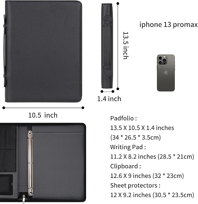 Wonderpool Travel Zippered Portfolio 3 Ring Binder A4 Padfolio Document Case with Removable Clipboard Legal Pad Holder, Business Office School Organizer for Men and Women (Black)