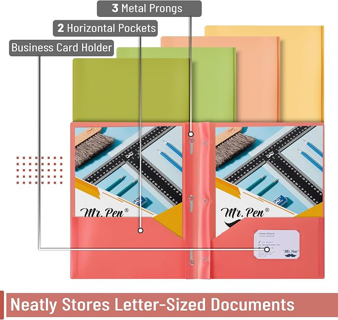 Mr. Pen- Plastic Folders with Pockets and Prong, 5 Pack, Assorted Colors, Pocket Folders, Folders with Prongs, File Folders with Fasteners, 2 Pocket Folder