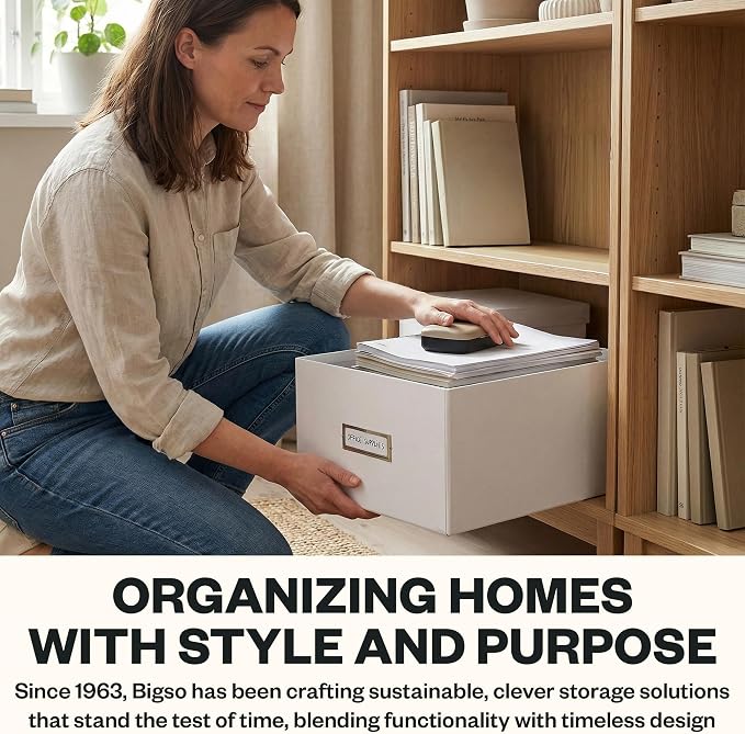 Bigso Box of Sweden Katia Collapsible Storage Box with Labelframe for Easy Identification - Simple Assembly Without Tools - Decorative Storage Boxes with Lids - 11.3in x 15.4in x 6.4in - White