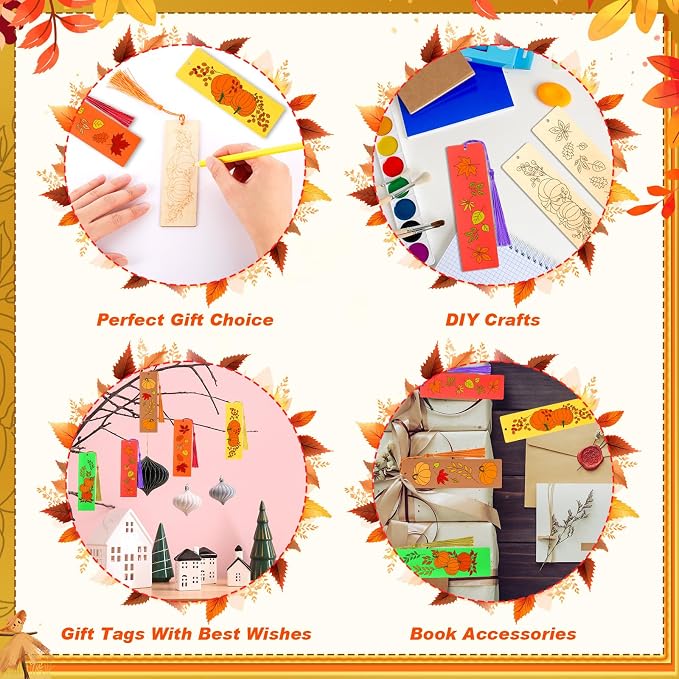 AmazingSpark 100 Pcs Fall Wood Bookmarks DIY Crafts Kit, 50 Set Color Your Own Blank Bookmarks with Tassel Autumn Leaves Pumpkins for Thanksgiving Art Reward